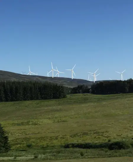 Une dizaine d'éoliennes au loin sur une colline verdoyante.