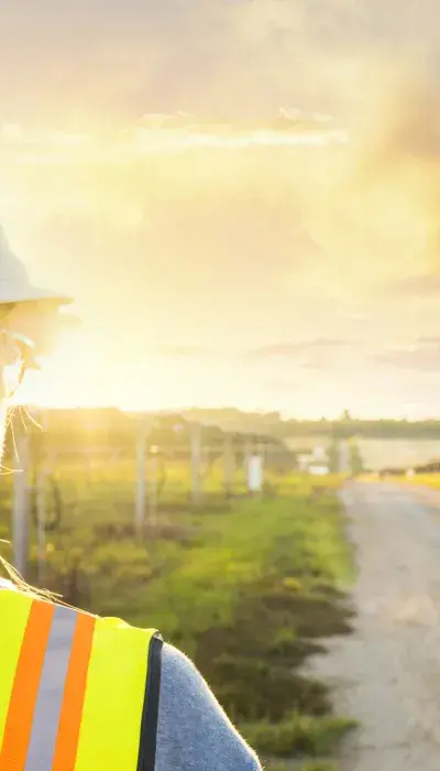 Technicienne faisant face à des panneaux solaires et un couché de soleil
